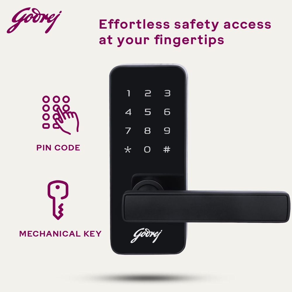 Godrej Smart Lock I Catus Touch I Digital Lock for Main and Internal Wooden Door I 2 in 1 Access I Pin Access I Mechanical Key I Black Finish I 3 Years Warranty | Free Installation